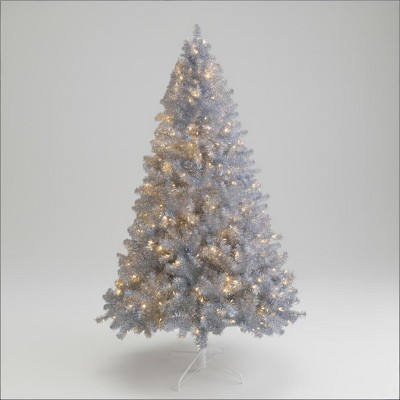 7.4FT Silver Pre-Lit Christmas Tree, 1200 Tips, 400LED Lights, 11Modes, Hinged Full Design with Metal Stand, Ideal Indoor & Outdoor Holiday Decoration