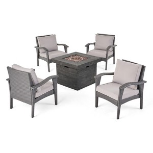 GDFStudio Rocco Outdoor Wicker 5 Piece Club Chair and Fire Pit Set with Cushions - 1 of 4