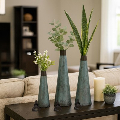 Decorative Metal Flower Vases with Removable Lid - Unique Home Decor for Bedroom, Office Decor, or Table Decor - Set of 3,  23", Green