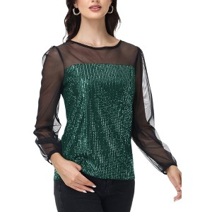 Anna-Kaci Women's Sheer Mesh Long Sleeve Top with Sequin Front Panel and Crew Neckline - 1 of 4