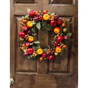 20" Artificial Mixed Apple Pomegranate & Leaf Wreath on Natural Twig Base - 1 of 4