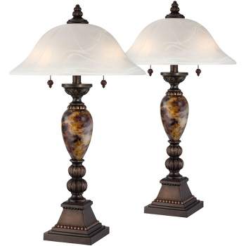 Kathy Ireland Traditional Table Lamps 27" Tall Set of 2 Aged Bronze Faux Marble Alabaster Glass Dome Shade for Living Room Bedroom
