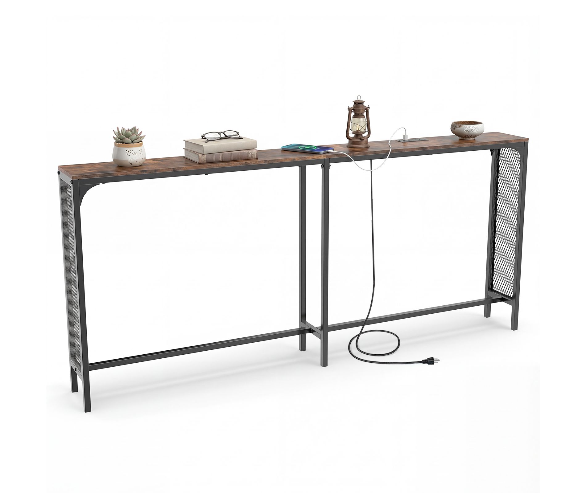 Costway 71'' Console Table w/Power Outlet Metal Frame for Hallway Foyer Living Room Rustic Brown & Black