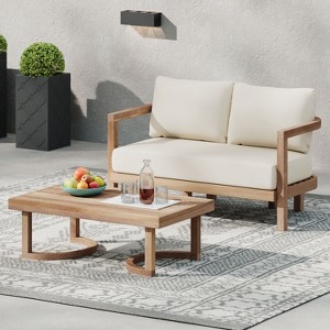 GDFStudio Aston Outdoor Acacia Wood Loveseat and Coffee Table with Cushions - 1 of 4