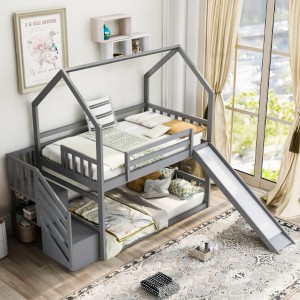Twin over Twin House Bunk Bed with Convertible Slide,Storage Staircase,White - 1 of 3