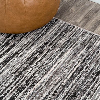 Gray and Black Striped Synthetic Flat Woven Round Rug
