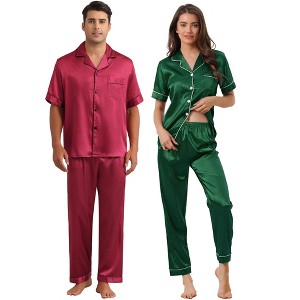 INSPIRE CHIC Couples Satin Pajamas Sets Button Down Short Sleeve Soft 2 Pack Sleepwear - 1 of 4