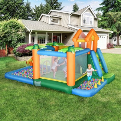 6-in-1 Tropical Inflatable Water Slide Includes Floating Ball Slide Trampoline Pool Cannon Climbing Wall with Carry Bag