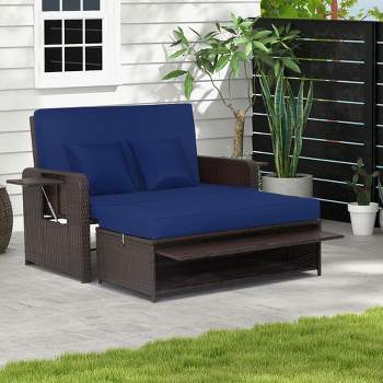 Costway Patio Rattan Daybed Lounge Retractable Top Canopy Side Tables Cushions