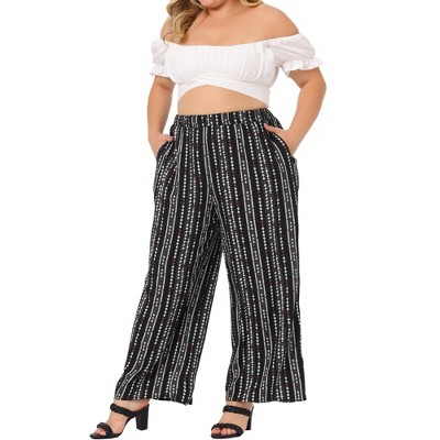 Agnes Orinda Women's Plus Size Boho Palazzo Elastic Waist Stripe Wide Leg  Lounge Pants Yellow 4X