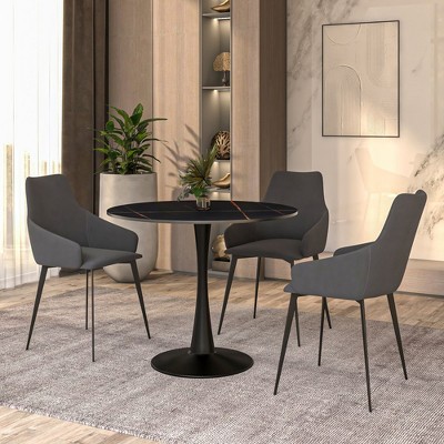 Bristol 35" Round Black Sintered Stone Dining Table with Steel Base