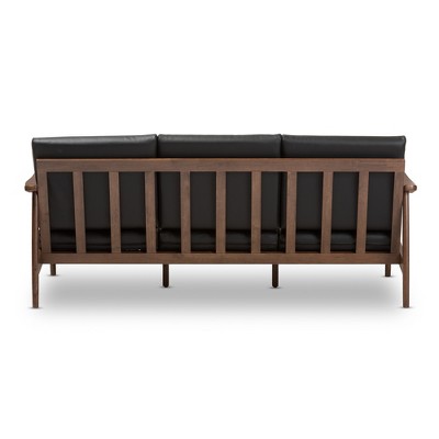 Venza Mid-Century Modern Black Faux Leather Walnut Wood 3-Seater Sofa