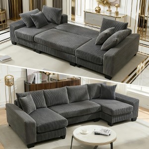 114" U Shaped Convertible Sleeper Sofa Pull Out Bed Corduroy Upholstery Adjustable Back Modern Lounger with 4 Back Cushion and 2 Pillows - 1 of 4