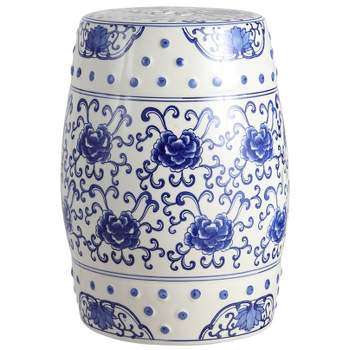 JONATHAN Y Lotus Flower 17.8" Chinoiserie Ceramic Drum Garden Stool, Blue/White
