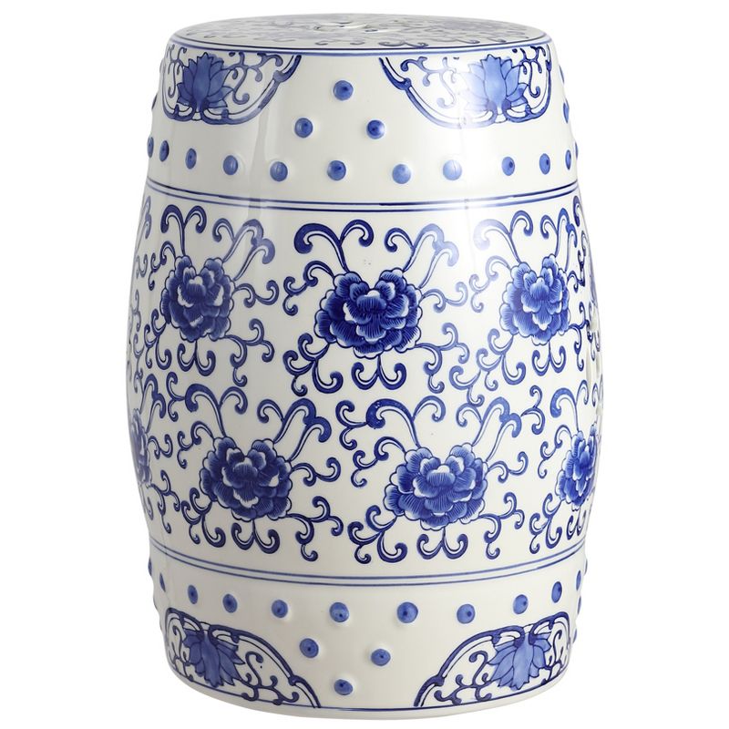 JONATHAN Y Lotus Flower 17.8" Chinoiserie Ceramic Drum Garden Stool, Blue/White, 1 of 7