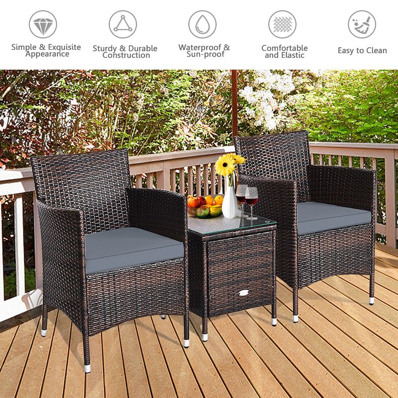 Costway Outdoor 3 PCS PE Rattan Wicker Furniture Sets Chairs  Coffee Table Garden, 4 of 15
