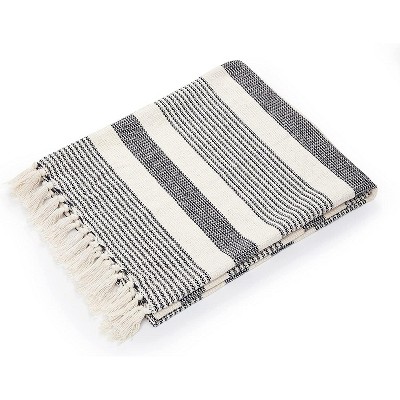 50x60 Inches CPT5060B Americanflat Nira Black and Cream Chevron Cotton Blanket Throw with Fringe