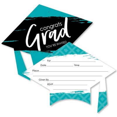 Big Dot of Happiness Teal Grad - Best is Yet to Come - Shaped Fill-in Invitations - Turquoise Grad Party Invitation Cards with Envelopes - Set of 12