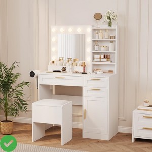 Vanity Desk with Lighted Mirror Makeup Vanity w/Charging Station Cushioned Stool & 3 Drawers - 1 of 4