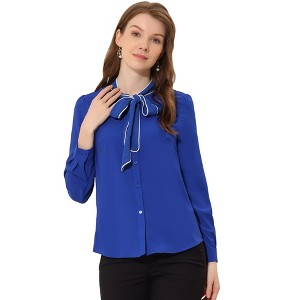 INSPIRE CHIC Women's Tie Neck Contrast Color Button Down Long Sleeves Shirt - 1 of 4