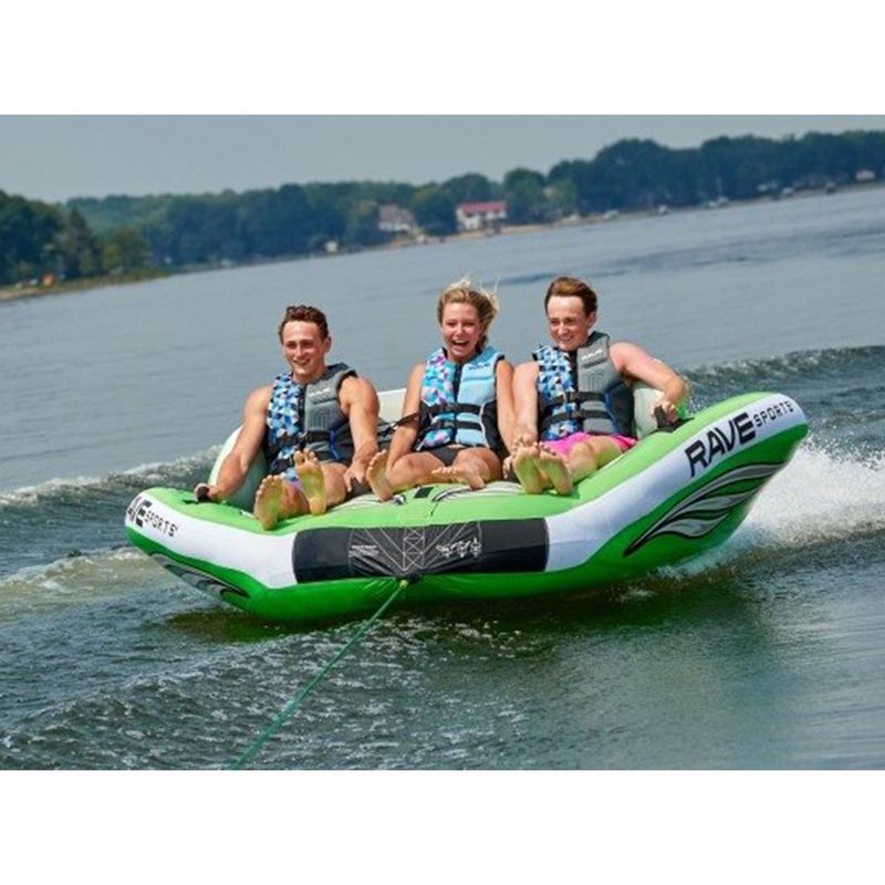 RAVE Sports 3 Person Inflatable Durable Nylon Wake Hawk Towable Boating Water Tube Raft with 6 Handles, Knuckle Guards, and 2 Air Chambers, Green, 5 of 7
