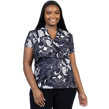 24seven Comfort Apparel Womens Plus Size Black and White Short Sleeve V Neck Wrap Top