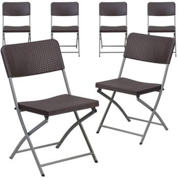 Emma and Oliver 6 Pack Brown Rattan Plastic Folding Chair with Gray Frame - Event Chair