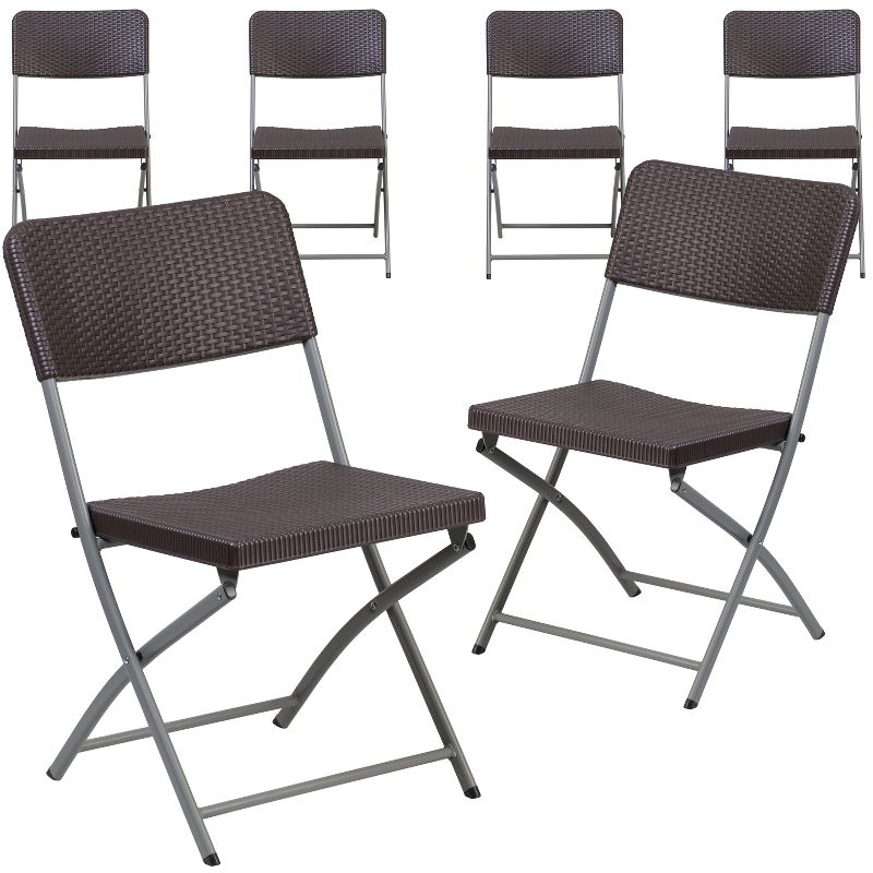Emma and Oliver 6 Pack Brown Rattan Plastic Folding Chair with Gray Frame - Event Chair, 1 of 12