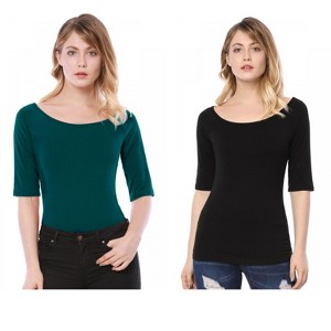 Allegra K Women's Half Sleeves Scoop Neck Fitted Layering Soft T-Shirt 2 Packs - 1 of 4