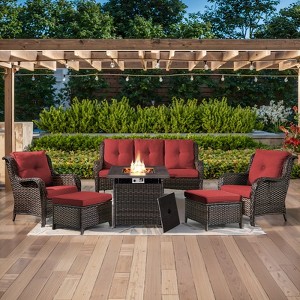6 Pieces Outdoor Patio Furniture Set with Fire Pit Table, PE Resin All Weather Wicker Patio Propane Fire Pit Set with Patio Couch, Club Chairs in Red - 1 of 4