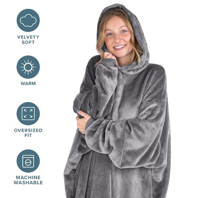 Adult Grey Microplush Hooded Wearable Blanket with Sleeves