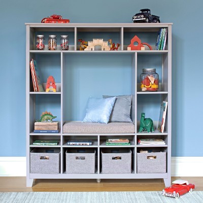 Gray Kids' Storage System with Cushioned Reading Nook and Fabric Bins