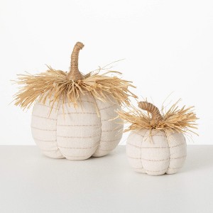 5.5"H and 9.25"H Sullivans Plush Pumpkin With Raffia - Set of 2, Fall Decor, White - 1 of 3