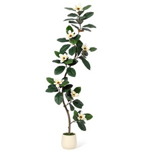 5ft Artificial Rubber Tree with 7 Pcs Magnolia Flowers,Tall Fake Tree with White Planter and Moss Decor - 1 of 4