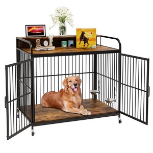 Dog Crate Furniture with Wheels ,Adjustable Elevated Feeder,Movable Dog Cage,Sturdy Stainless Steel Construction,Wooden,Pet House,Mid Dog - 1 of 4