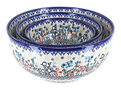 Blue Rose Polish Pottery 7400 Vena 3PC Serving Bowl Set