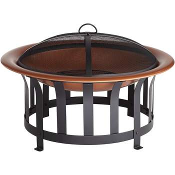 John Timberland Copper and Black Outdoor Fire Pit Round 30" Steel Wood Burning with Spark Screen and Fire Poker for Backyard Patio Camping
