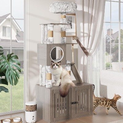 Modern Cat Tree with Litter Box Enclosure and Large Platform, All-in-One Cat Furniture with Space Capsule，Food Station and Hammocks, Gray