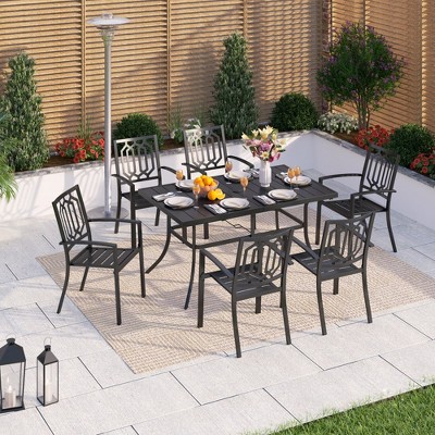 Captiva Designs 7pc Patio Dining Set with Slat-top Rectangle Steel Table & Metal Stackable Chairs