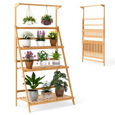 Tangkula 3 Tier Hanging Plant Stand w/ Height Adjustable Hanger Rod Folding Flower Shelf