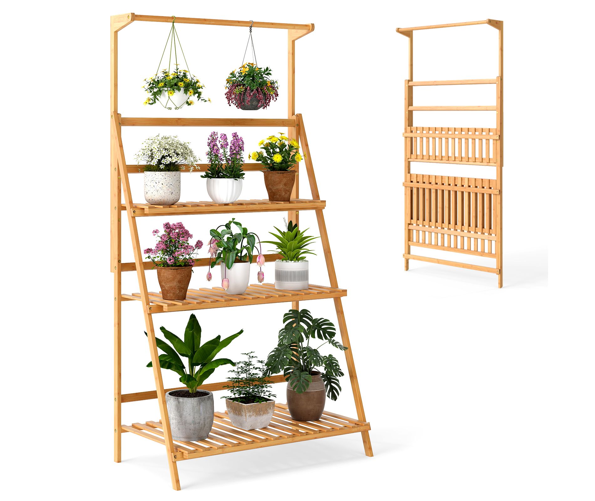 Tangkula 3 Tier Hanging Plant Stand w/ Height Adjustable Hanger Rod Folding Flower Shelf