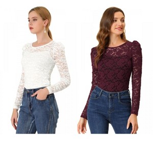 INSPIRE CHIC Women's Vintage Semi-Sheer Puff Long Sleeve Embroidery Lace Floral Blouse 2 Packs - 1 of 4