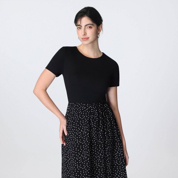 Vestido Midi con Contraste y Manga Corta para Mujer - A New Day™ Negro Lunares 5