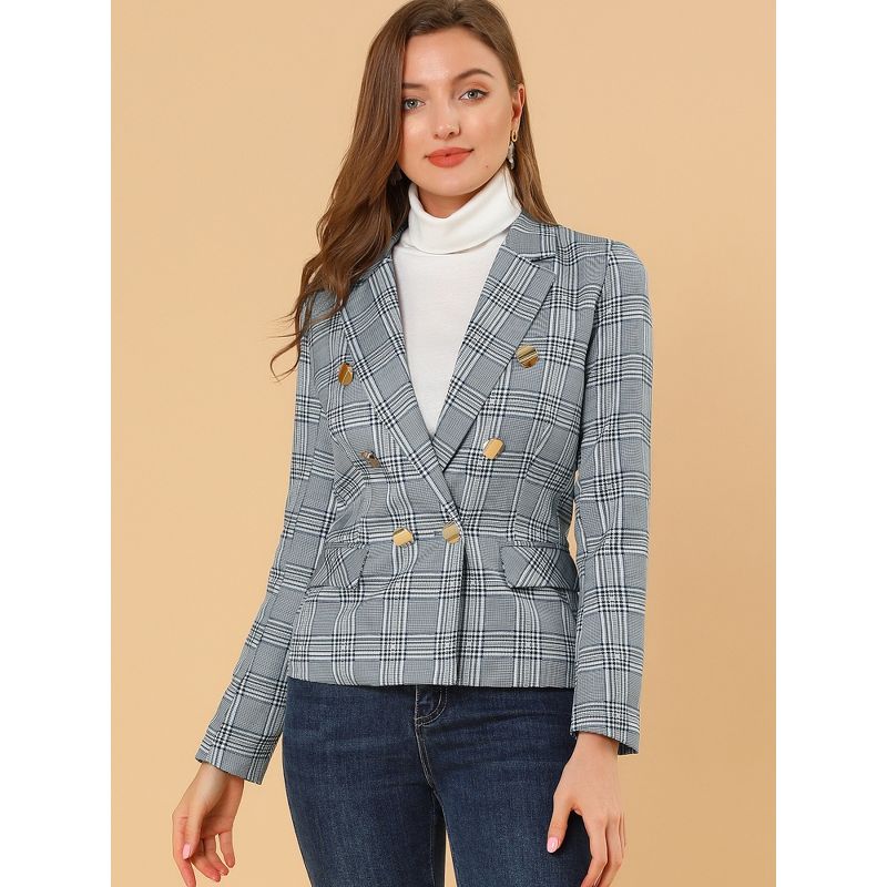 Allegra K Women's Notched Lapel Double Breasted Plaid Formal Blazer Jackets, 4 of 8