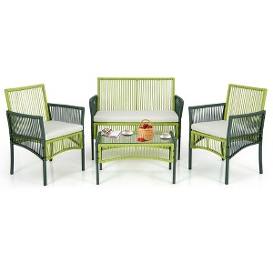 Tangkula 4PCS Round Wicker Conversation Set W/ Cushions Tempered Glass Side Table Patio - 1 of 4