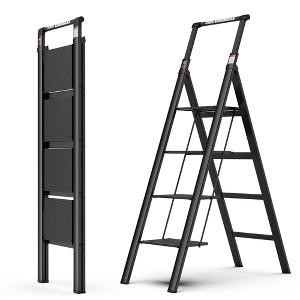 Cesicia Black Aluminium 4 Step Ladder with Retractable Handgrip and Anti-Slip Wide Pedal - 1 of 4