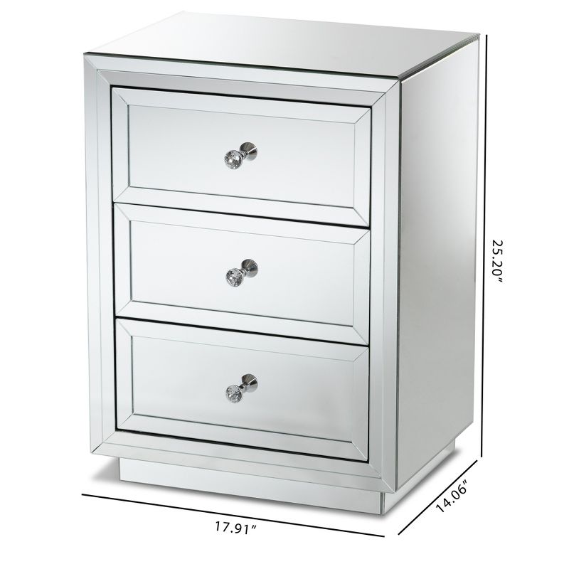 Lina Mirrored 3 Drawer Nightstand Bedside Table Silver - BaxtonStudio, 3 of 9