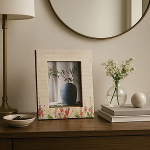 Elegant Rectangle Picture Frame with Flower Field Bottom Border - Decorative Resin Photo Frame for Tabletop Display - Ivory & Pink - 1 of 4