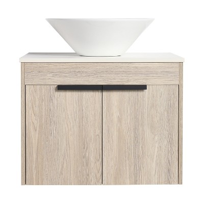 Vynxaria 24 in. Single Wall-Mounted White Oak Plywood Bath Vanity with White Flat Stone Slab Ceramic Top KD-PACKING Ready to Assemble