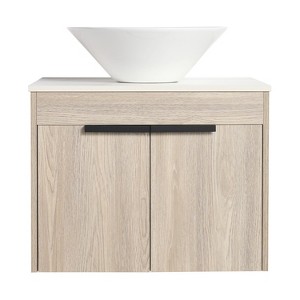Vynxaria 24 in. Single Wall-Mounted White Oak Plywood Bath Vanity with White Flat Stone Slab Ceramic Top KD-PACKING Ready to Assemble - 1 of 4